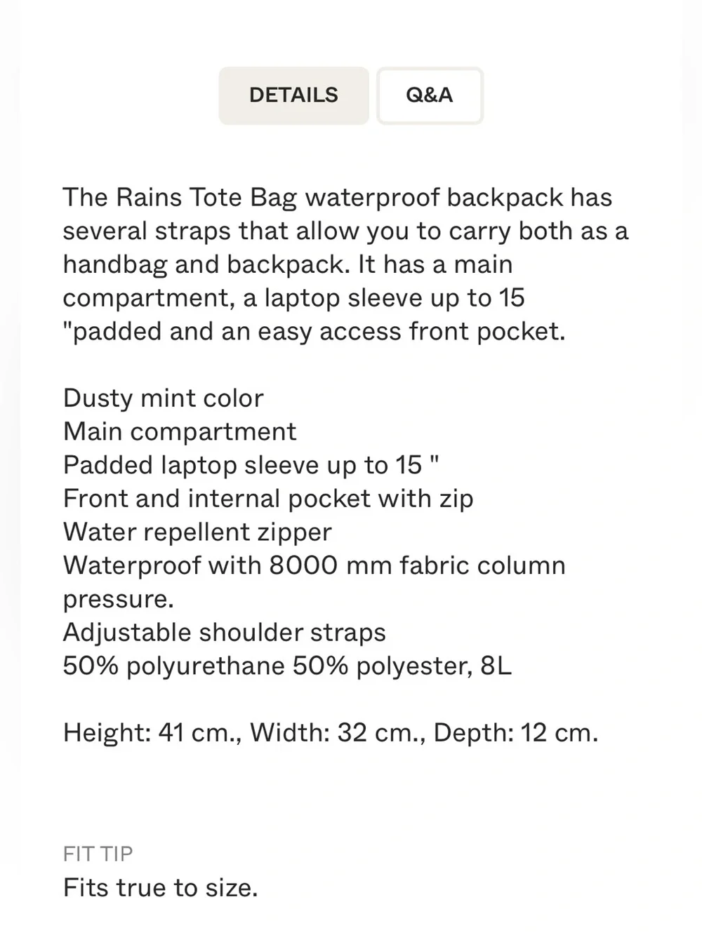 RAINS UNISEX TOTE BACKPACK DUSTY MINT